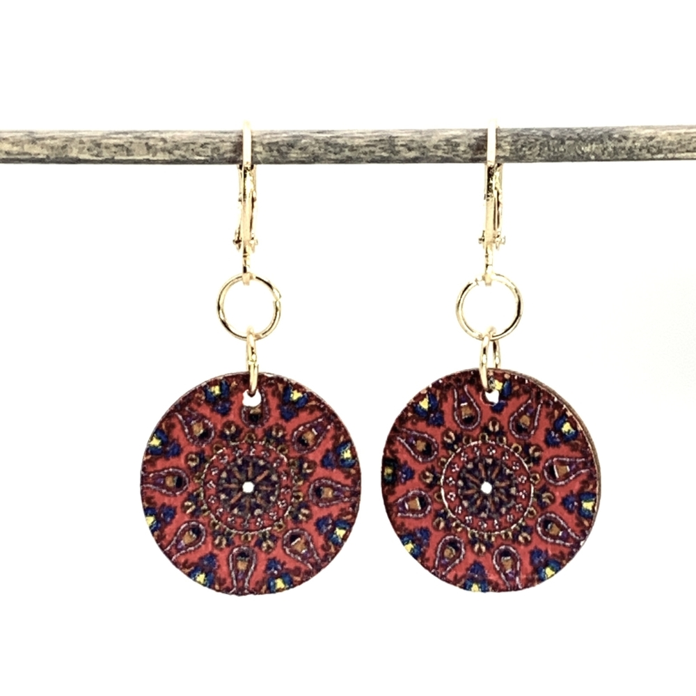 Red Mandela Wooden Boho Dangle Earrings